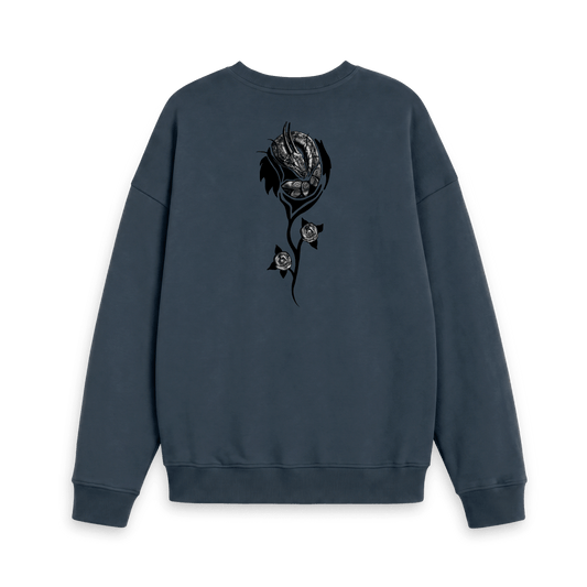 Navy Blue Printed Sweatshirt with black dragon and floral artwork on the back