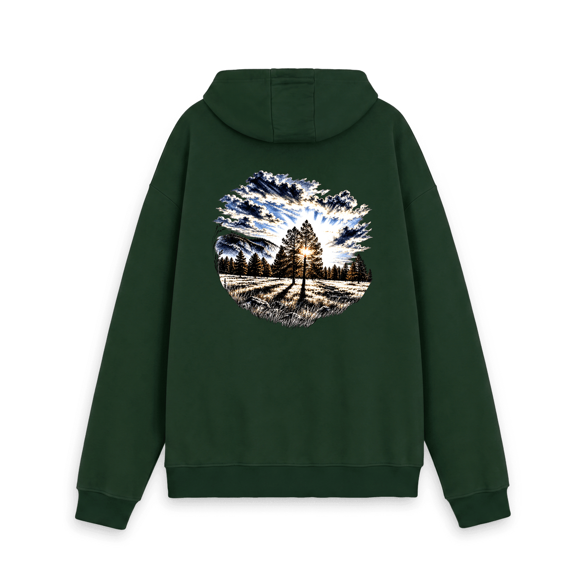 Evergreen Printed Hoody with sunrise pine tree and mountain artwork on the back