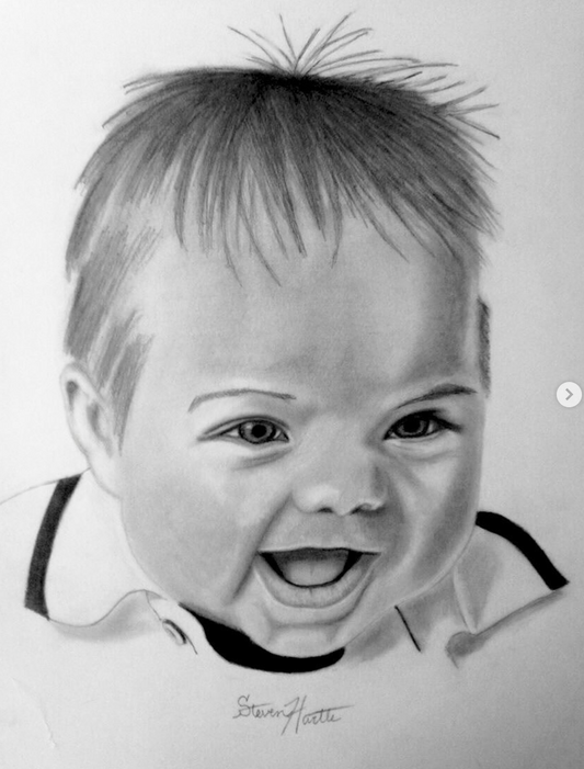 Original hand-drawn graphite portrait of my son as a baby, one of the early portraits that inspired my journey as an artist