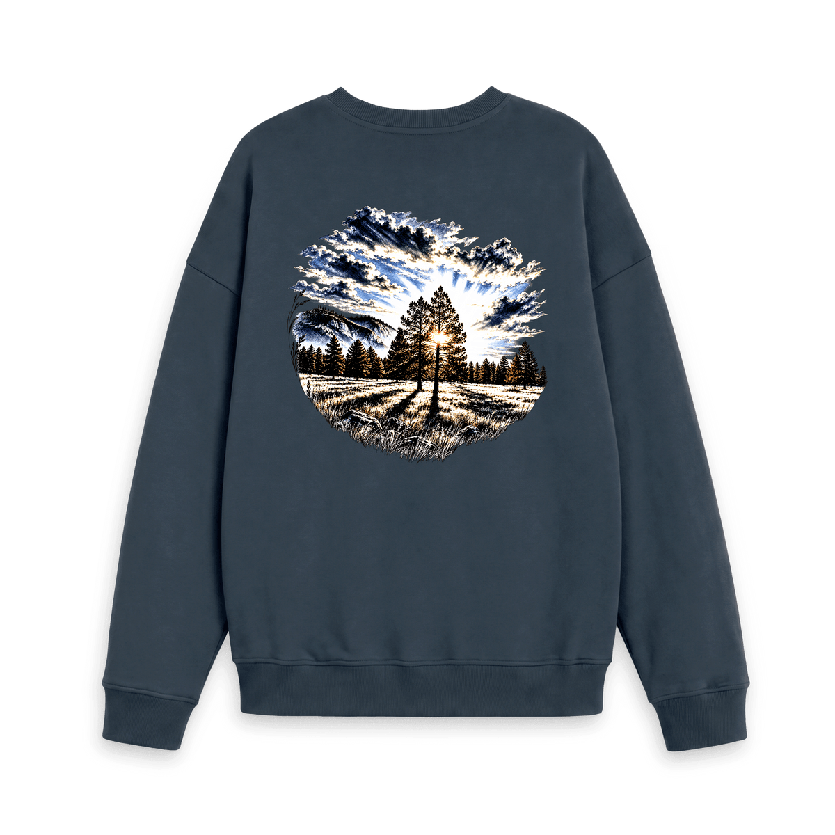 Navy Blue Printed Sweater with sunrise pine tree and mountain artwork on the back
