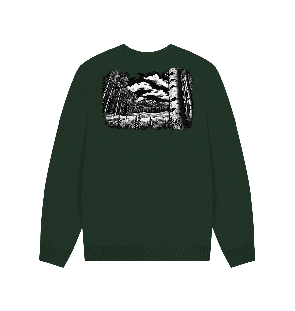 Evergreen Printed Sweater with black and white forest and mountain artwork on the back