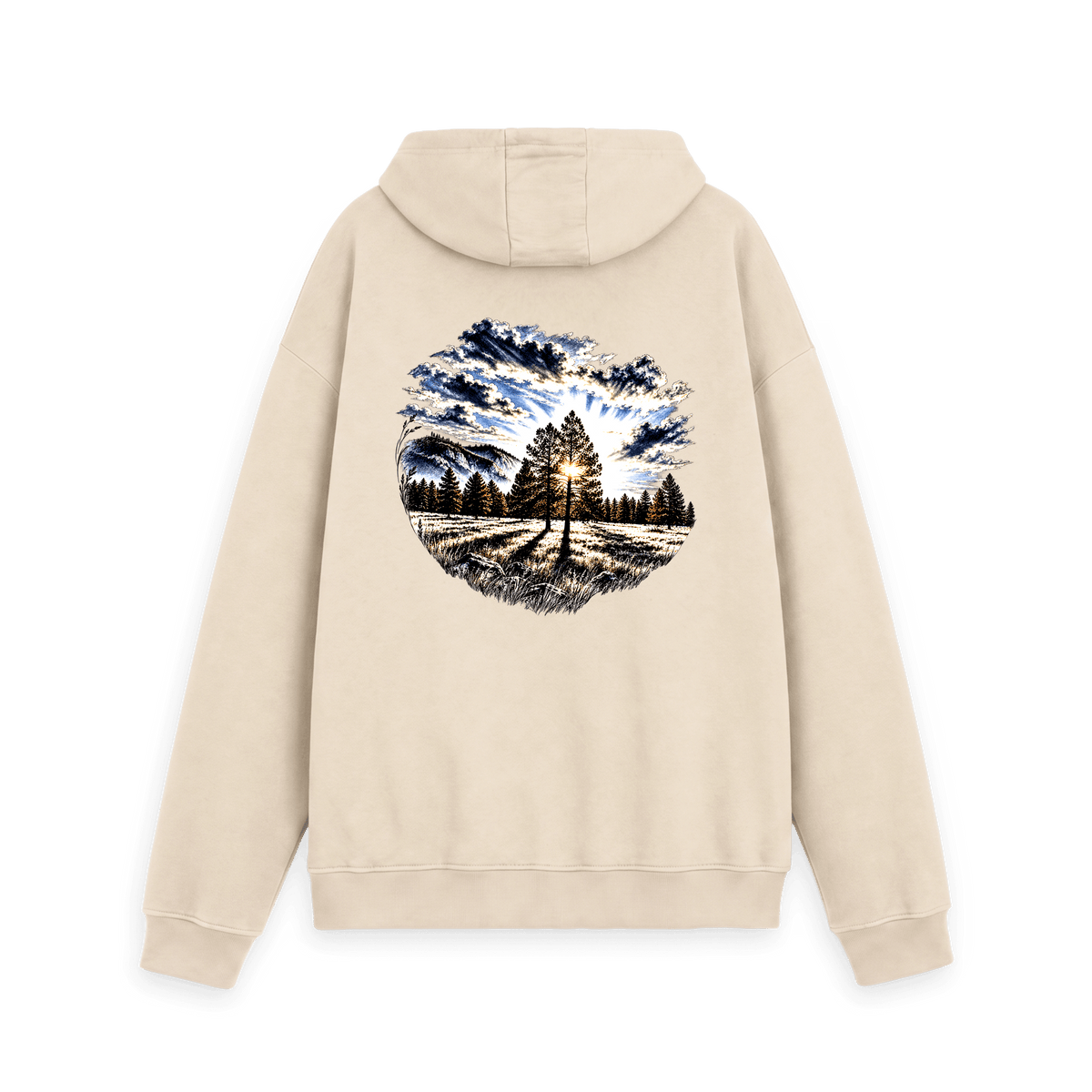 Oat Printed Hoody with sunrise pine tree and mountain artwork on the back
