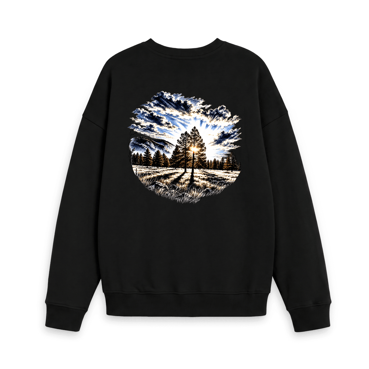 Black Printed Sweater with sunrise pine tree and mountain artwork on the back
