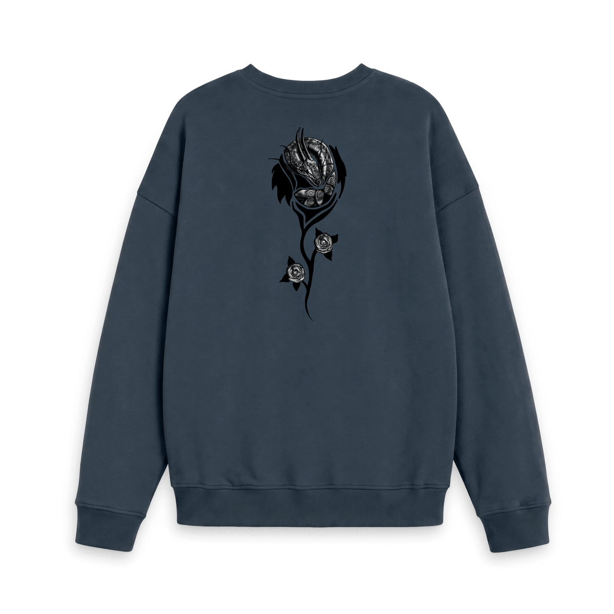 Navy Blue Printed Sweatshirt with black dragon and floral artwork on the back