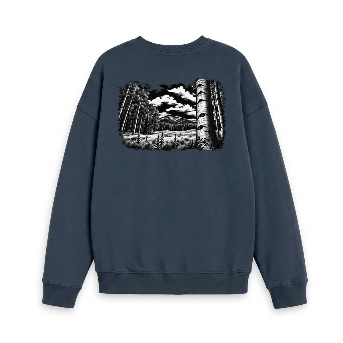 Navy Blue Printed Sweater with black and white forest and mountain artwork on the back