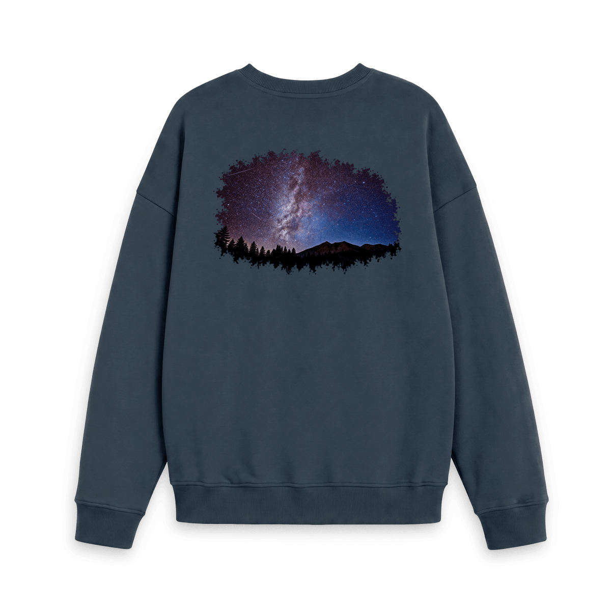 MilkyWay Over The Peaks artwork featuring a star-filled Milky Way above mountain peaks and pine trees, created from original photography