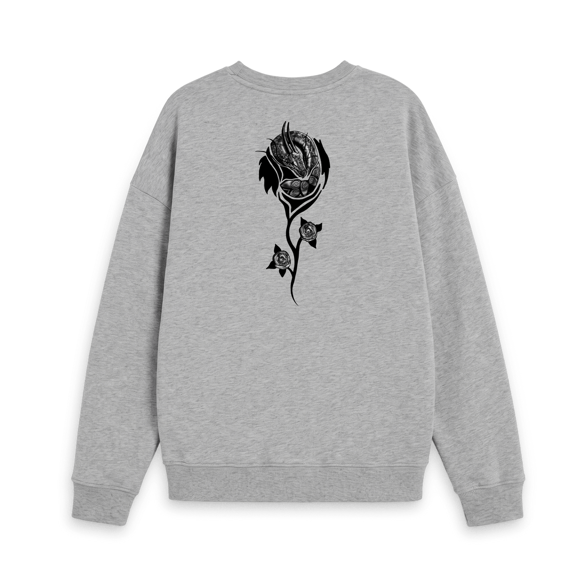 Athletic Grey Printed Sweatshirtwith black dragon and floral artwork on the back