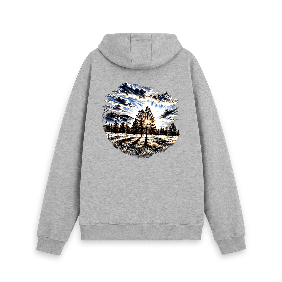 Athletic Grey Printed Hoody with sunrise pine tree and mountain artwork on the back