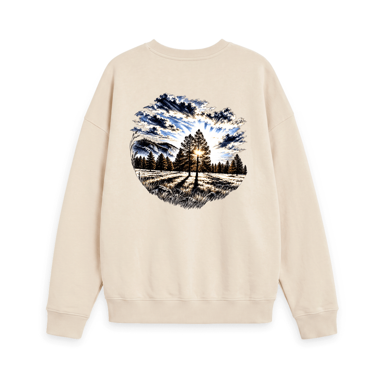 Oat Printed Sweater with sunrise pine tree and mountain artwork on the back