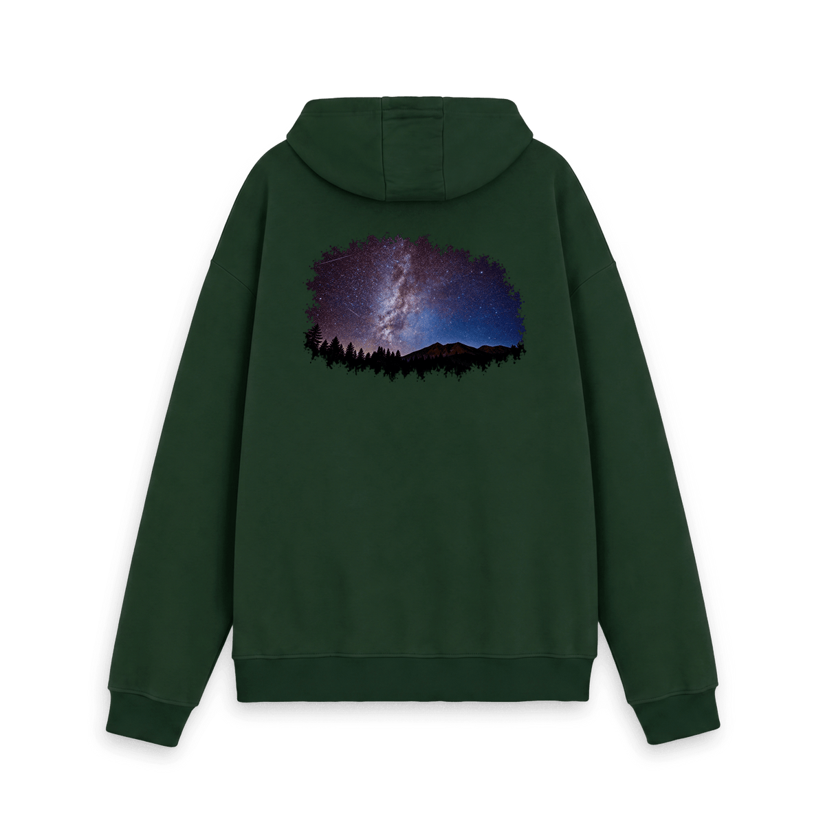 MilkyWay Peaks artwork featuring the Milky Way above mountain peaks and a pine forest, created from original photography