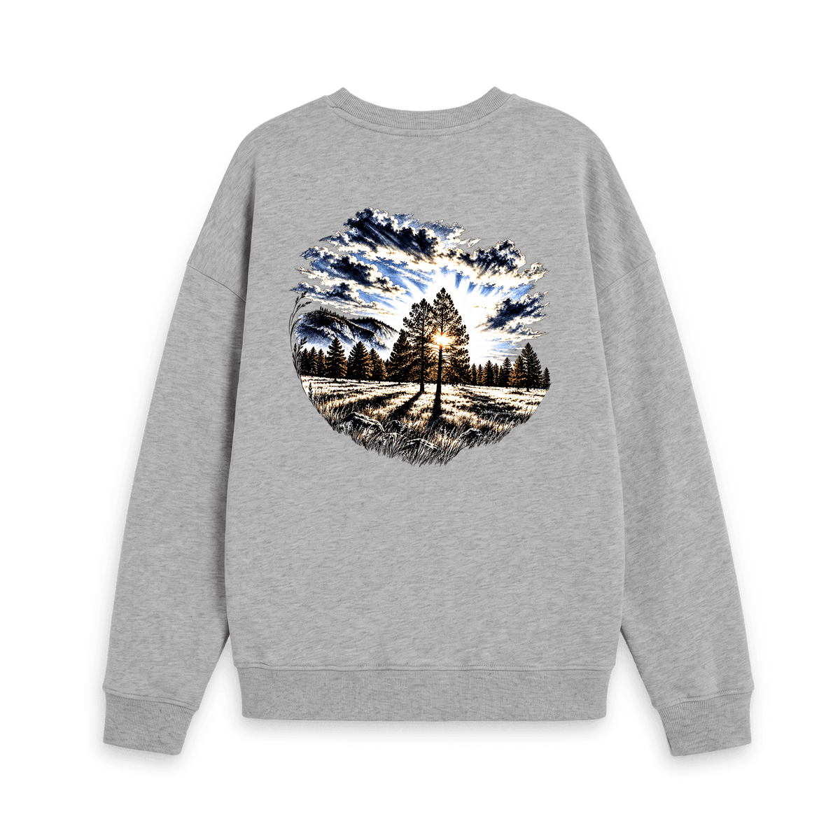 Athletic Grey Printed Sweater with sunrise pine tree and mountain artwork on the back