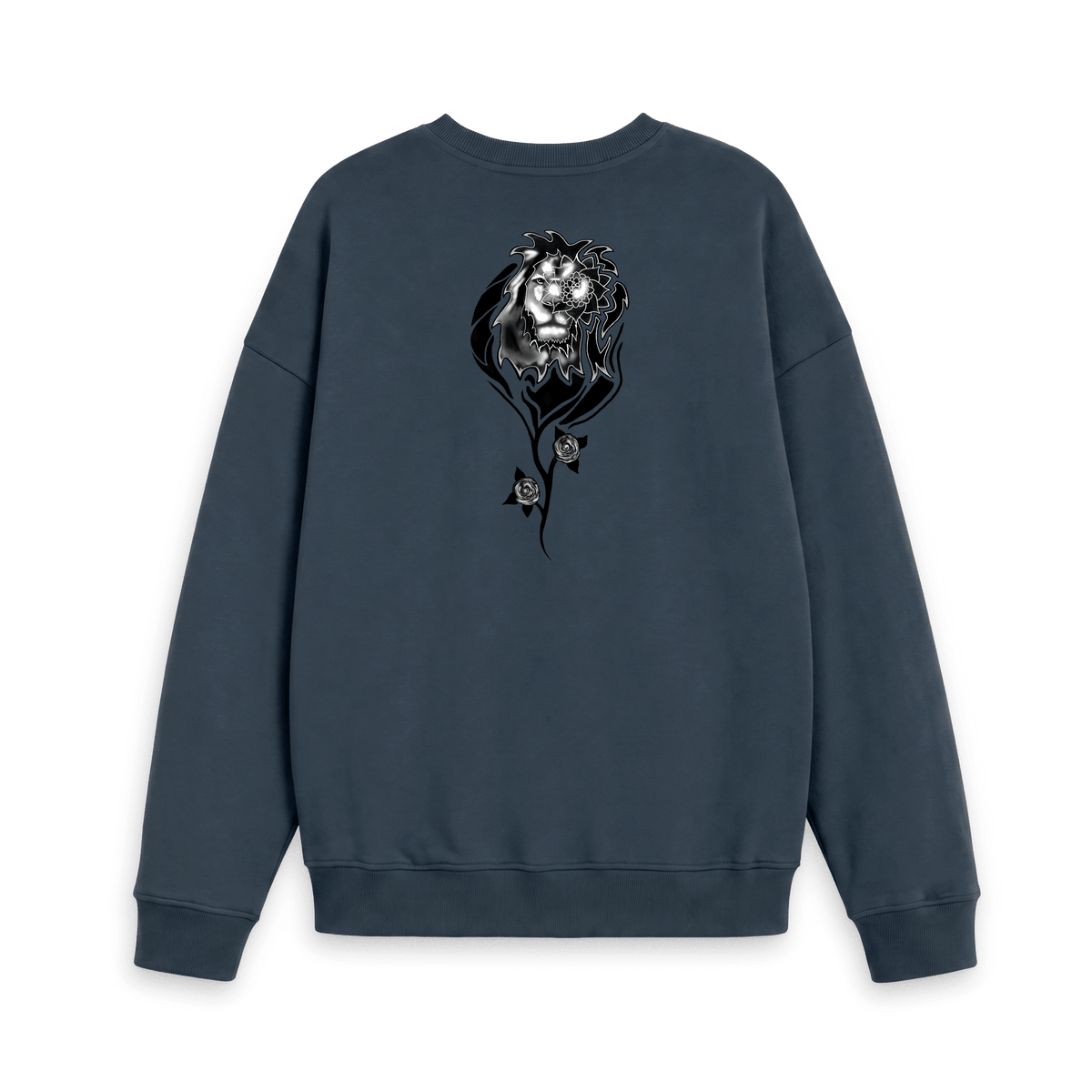 Navy Blue Printed Sweater with black and white pine forest and mountain artwork on the back
