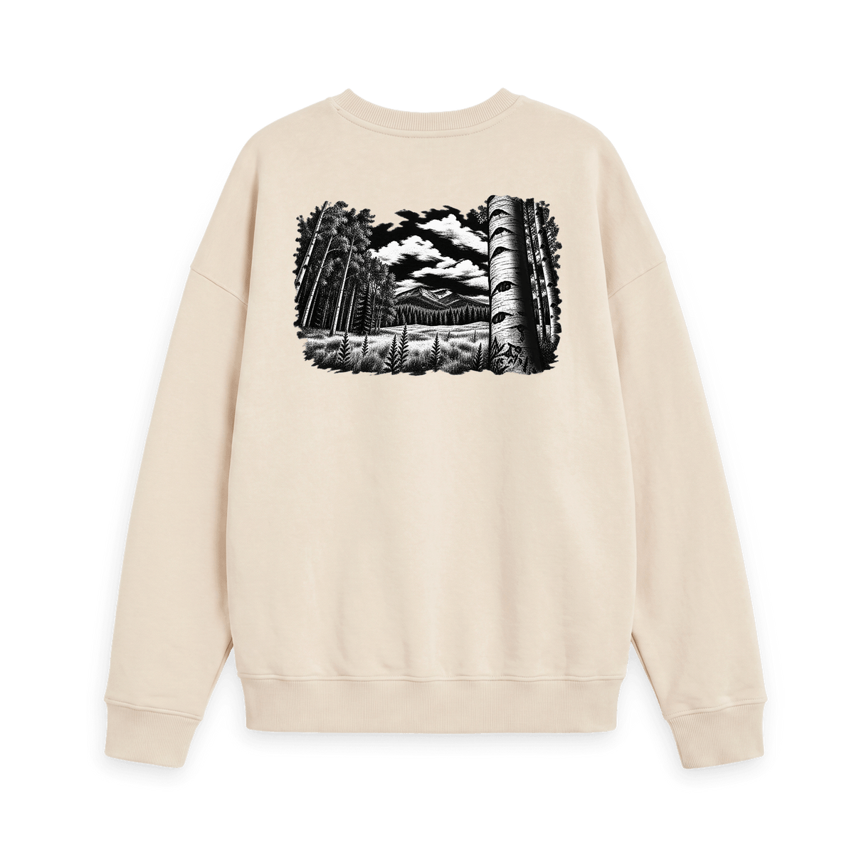 Oat Printed Sweater with black and white forest and mountain artwork on the back