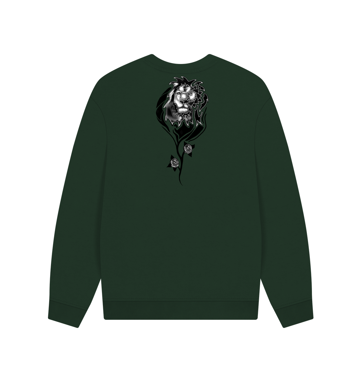 Evergreen Printed Sweater with black and white pine forest and mountain artwork on the back