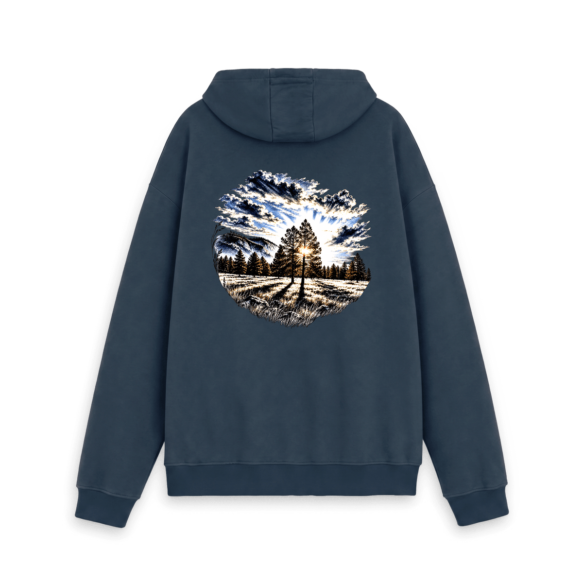 Navy Printed Hoody with sunrise pine tree and mountain artwork on the back