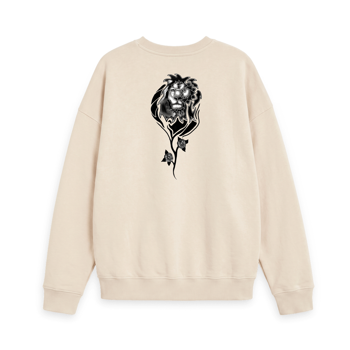 Oat Printed Sweater with black and white pine forest and mountain artwork on the back
