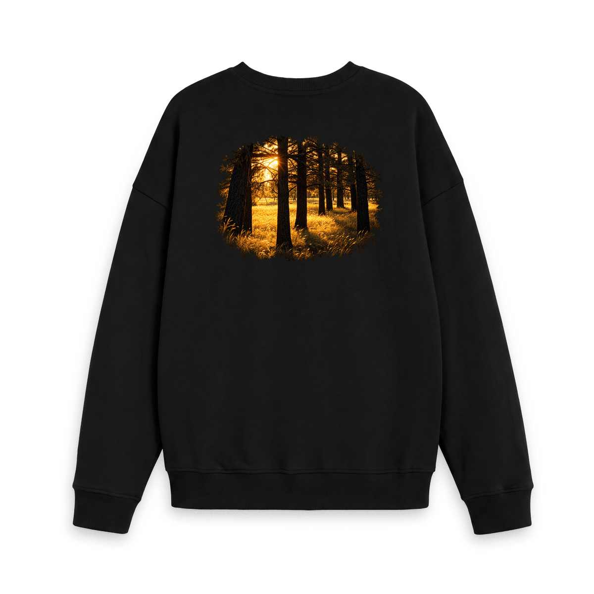 Golden Forest artwork featuring warm golden sunlight streaming through forest trees, created from original photography