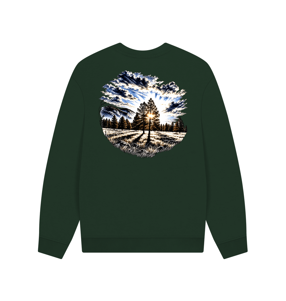 Evergreen green sweatshirt with sunrise pine tree and mountain artwork on the back