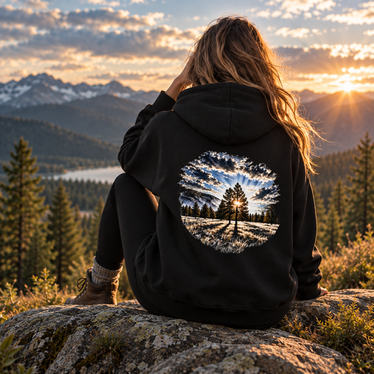 Woman wearing black organic cotton hoodie with sunrise, pine tree and mountain artwork on the back