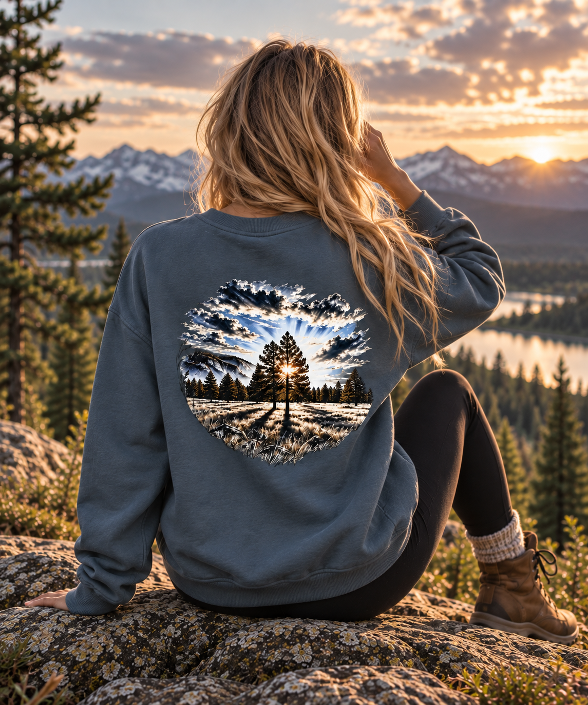 Woman wearing a sunrise nature sweatshirt with pine tree and mountain artwork