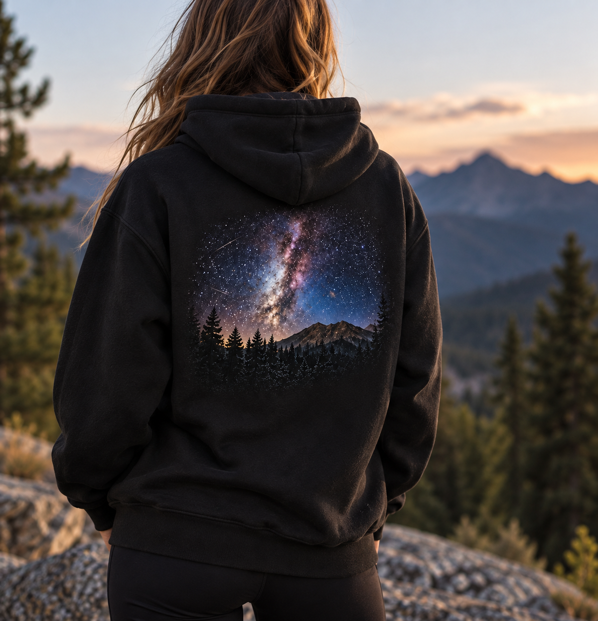 MilkyWay Peaks organic cotton hoodie featuring Milky Way, mountain and pine forest artwork created from original photography