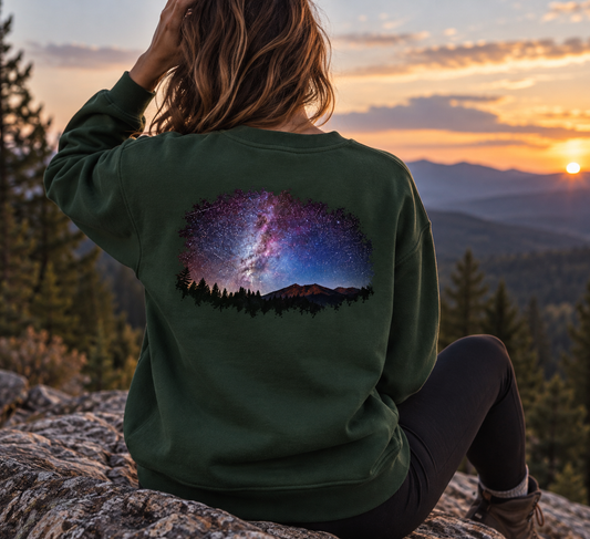 MilkyWay Over The Peaks organic cotton sweatshirt featuring Milky Way, mountain and pine forest artwork created from original photography