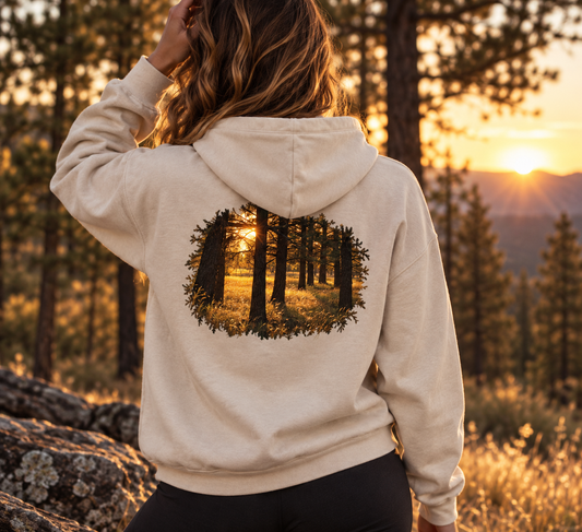 Golden Forest organic cotton hoodie featuring golden sunlight and forest artwork created from original nature photography
