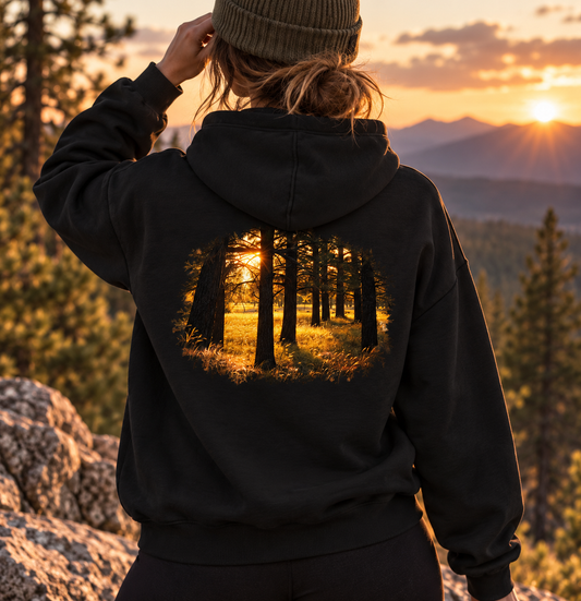 Golden Forest organic cotton sweatshirt featuring golden sunlight and forest artwork created from original photography
