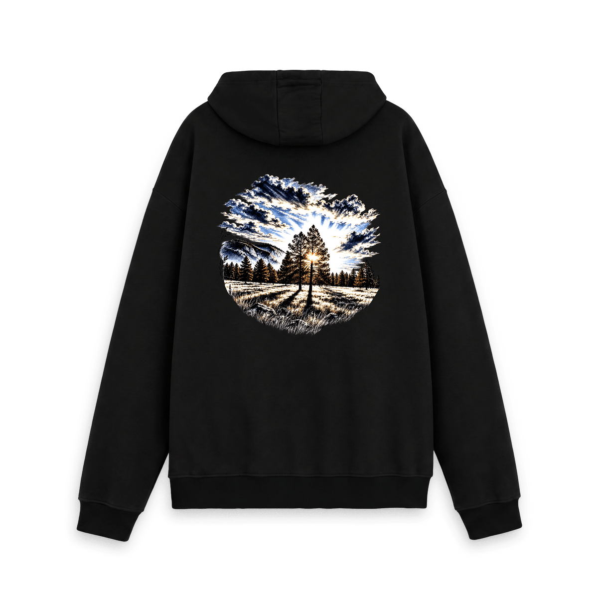 Black Printed Hoody with sunrise pine tree and mountain artwork on the back