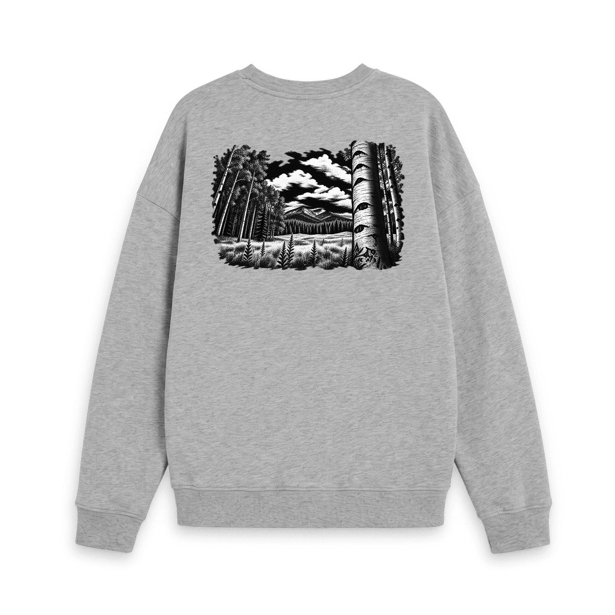 Athletic Grey Printed Sweater with black and white forest and mountain artwork on the back