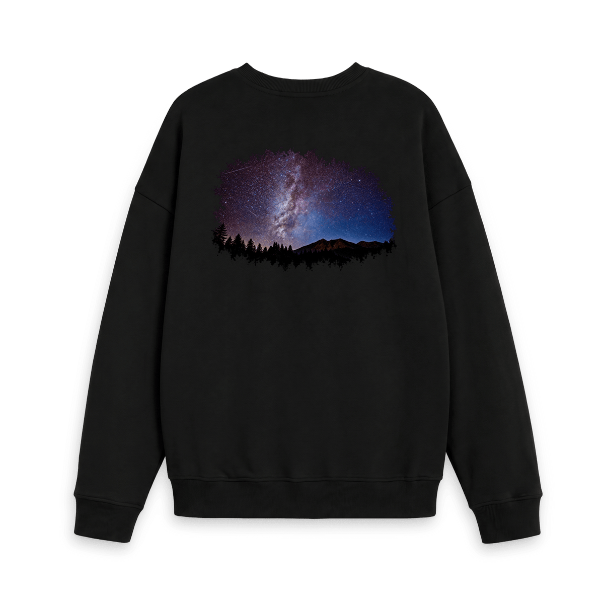 MilkyWay Over The Peaks artwork featuring a star-filled Milky Way above mountain peaks and pine trees, created from original photography