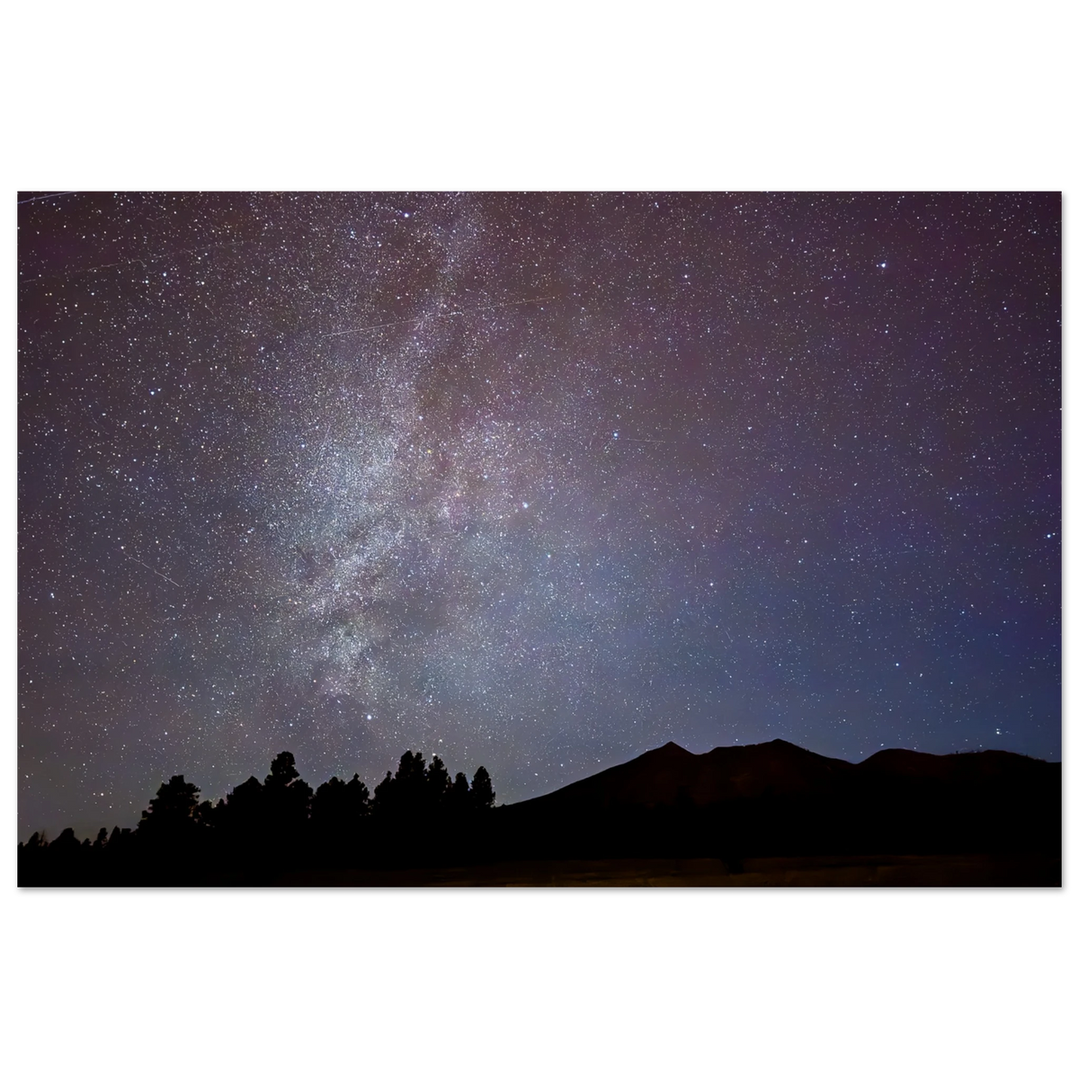 Milky Way above mountain peaks and pine trees at night in Flagstaff Arizona – MilkyWay Peaks fine art photograph