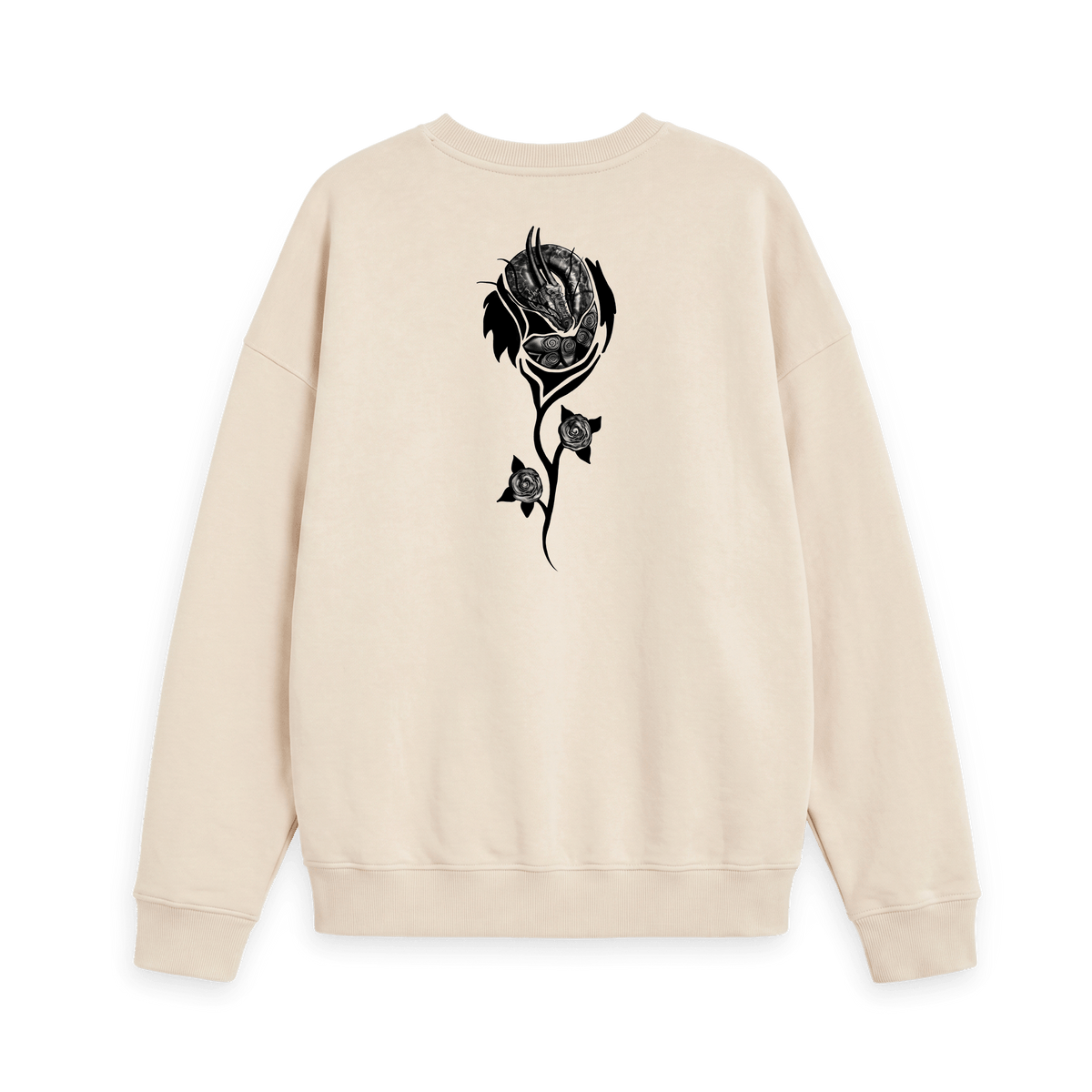 Oat Printed Sweatshirt with black dragon and floral artwork on the back