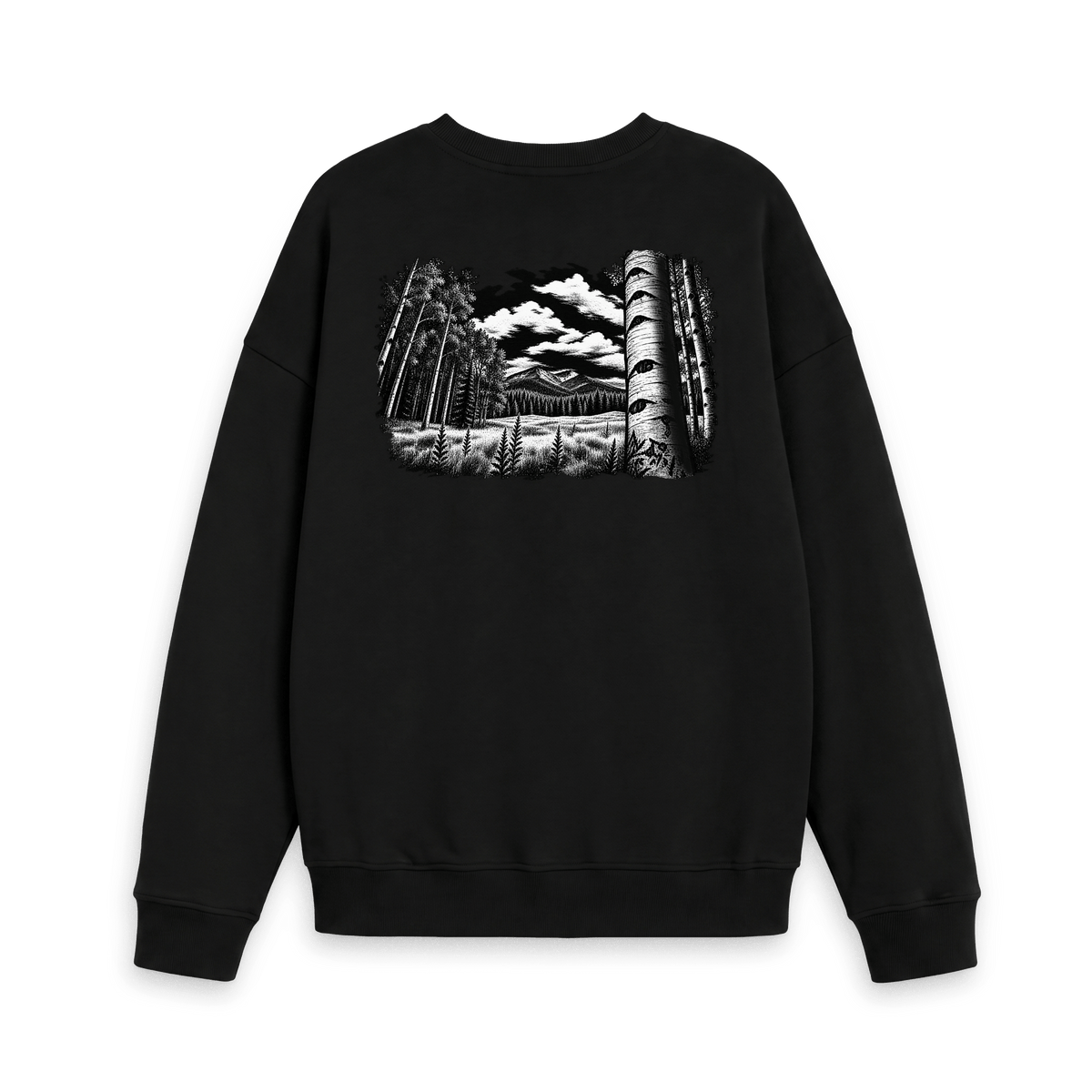 Black Printed Sweater with black and white forest and mountain artwork on the back