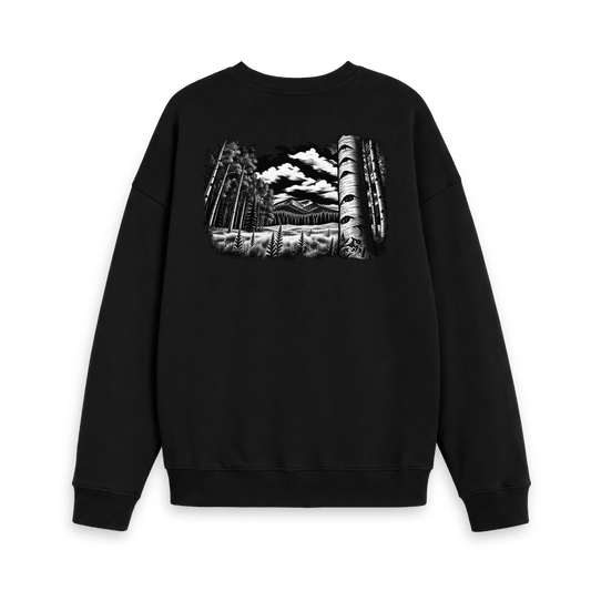 Black Printed Sweater with black and white forest and mountain artwork on the back
